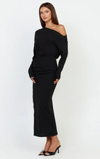 Alyce Midi Dress - Jersey Asymmetric Ruched Bodycon Dress in Black