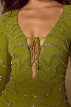 Long Sleeve Lace Up Mini Dress in Olive