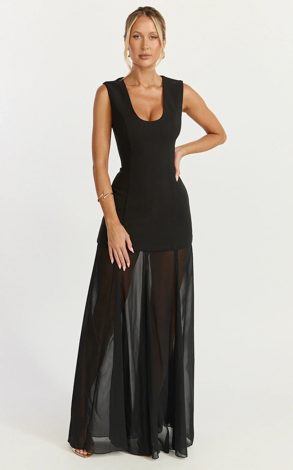 Frances Maxi Dress - Contrast U Neck Godet A Line Dress in Black