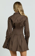 Yasmina Mini Dress - Button Front Long Sleeve Fit And Flare Dress in Dark Chocolate