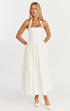 Helda Midi Dress - Halter Tie Neck Corset Panel Dress in Off White