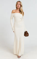 Ayla Maxi Dress - Off Shoulder Flared Sleeve Bodycon Dress in Off White