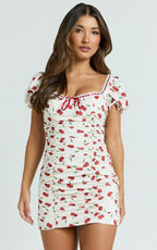 Bailey Mini Dress - Recycled Cherry Print Cap Sleeve Ruched Bust Bodycon Dress in Blushing Cherries Print