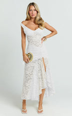 Tatum Midi Dress - Lace Off Shoulder Side Split Dress in Off White