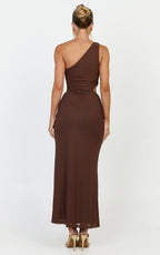 Mandy Midi Dress - Knot Detail Cut Out Mesh Dress in Chocolate