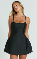 Carolina Mini Dress - Scoop Neck Panel Bodice Dress in Black