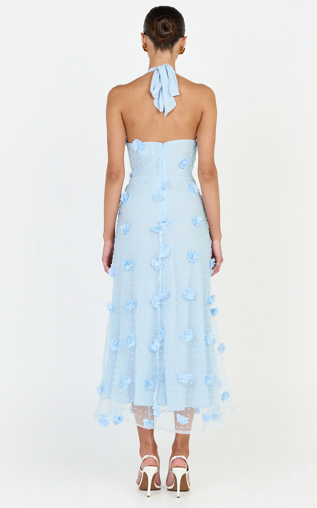 Azalea Midi Dress - Halter Neck 3D Floral Fit And Flare Dress in Blue