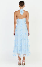 Azalea Midi Dress - Halter Neck 3D Floral Fit And Flare Dress in Blue