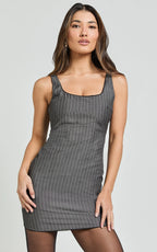 Tracey Mini Dress - Scoop Neck Bodycon Detailed Hem Dress in Charcoal Pinstripe