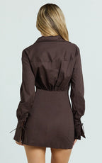 Gino Mini Dress - Collared Button Down Corset Waist Shirt Dress in Chocolate