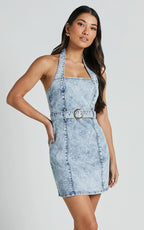 Izolda Mini Dress - Halter Neck Belted Bodycon Denim Dress in Light Blue Acid Wash