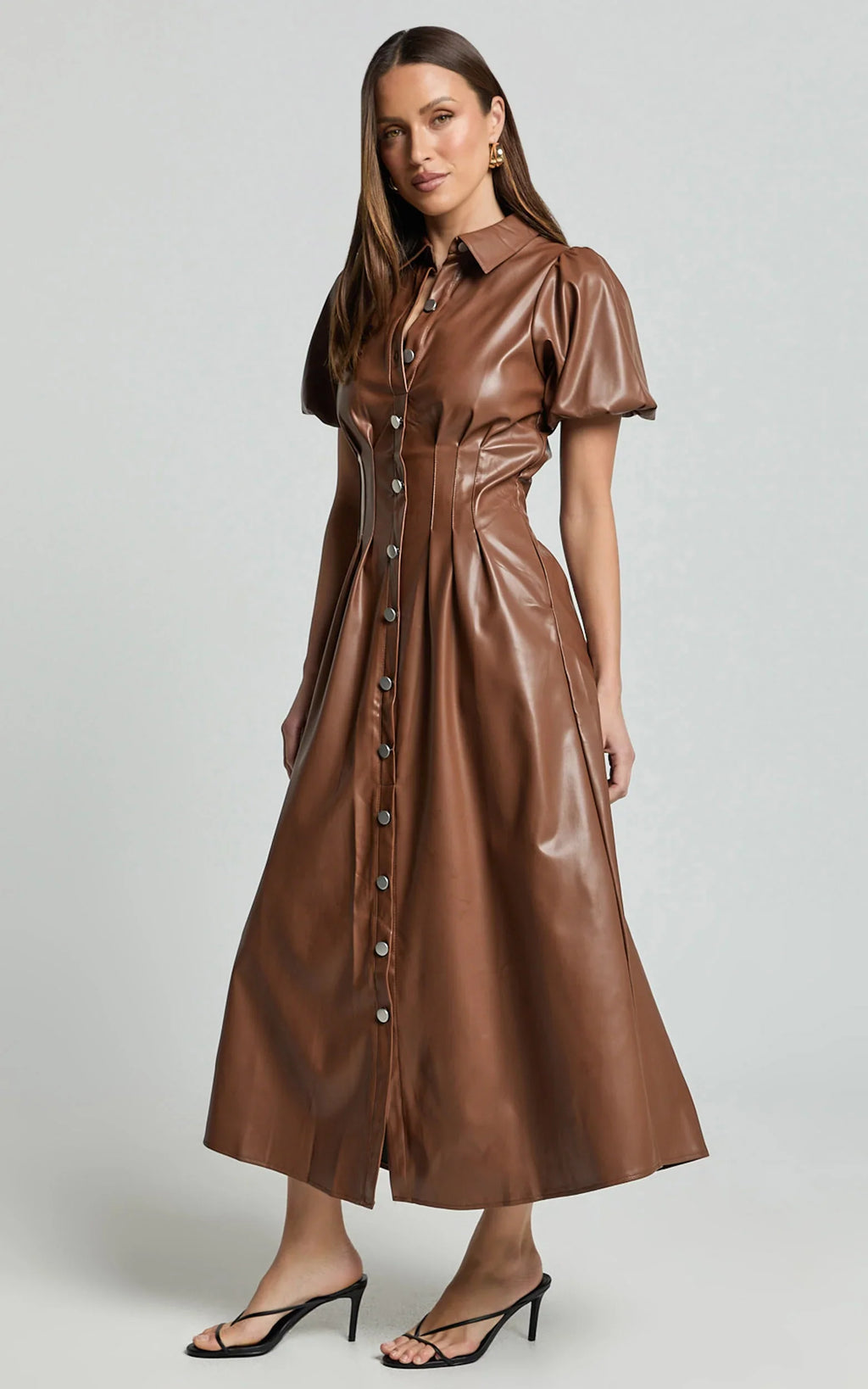 Ziva Midi Dress - Short Puff Sleeve Button Through Dress in Chocolate