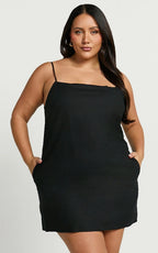 Mavie Mini Linen Dress - Linen Strappy Shift Dress in Black