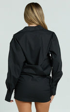 Avalon Mini Dress - Button Up Ruched Shirt Dress in Black