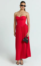 Loretta Midi Dress - Lace Up Back Bustier Pleated Dress in Red