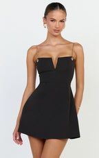 Darcelle Mini Dress - V Front Chain Strap Detail Dress in Black