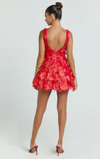 Sienna Mini Dress - 3D Floral Fit And Flare Dress in Red
