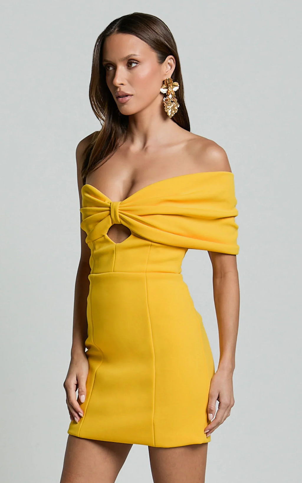 Amalie The Label - Seleste Off Shoulder Bow Detail Mini Dress - In Yellow