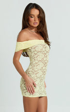 Nalani Mini Dress - Lace Off Shoulder Bodycon Dress in Lemon
