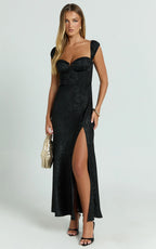 Vance Midi Dress - Ruched Cap Sleeve Bustier Bias Cut Dress in Black