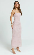 Elysia Midi Dress - Sequin Straight Neck Tie Back Dress in Pale Pink