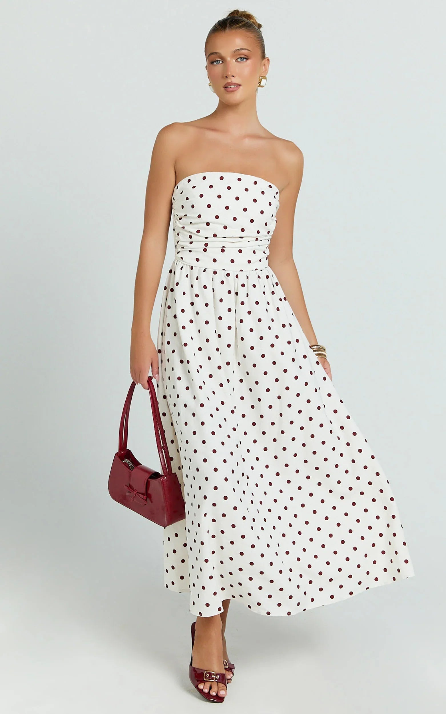 Polly Midi Dress - Strapless Ruched Dress in Red Polka Dot