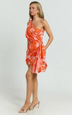 Brailey Mini Dress - One Shoulder Wrap Front Dress in Orange Jacquard