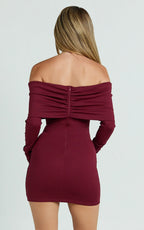 Rani Mini Dress - Off Shoulder Long Sleeve Bodycon Dress in Wine