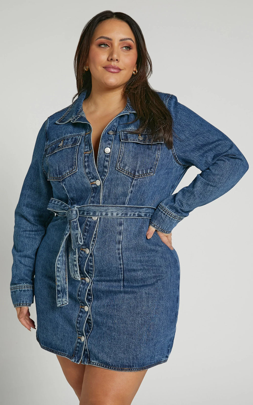 Enriquetta Mini Dress - Cotton Denim Long Sleeve Button Up Dress in Blue