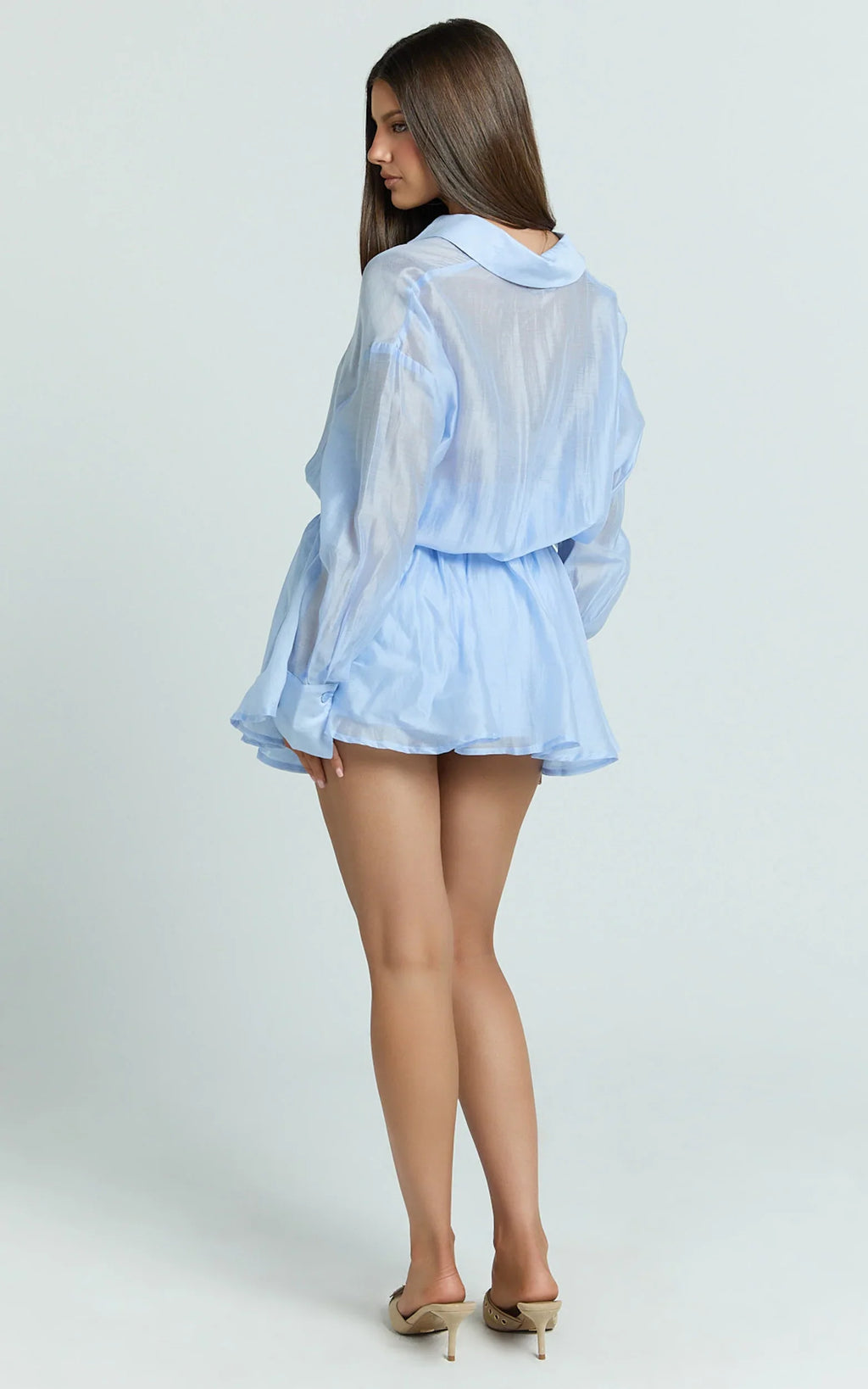 Pascal Mini Dress - Button Down Elastic Waist Shirt Dress in Cornflower Blue