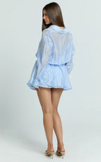 Pascal Mini Dress - Button Down Elastic Waist Shirt Dress in Cornflower Blue