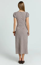Bernice Midi Dress - Gingham Scoop Neck A Line Dress in Chocolate Gingham