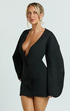 Colette Mini Dress - Wrap Front Cocoon Sleeve Button Front Knit Dress in Black