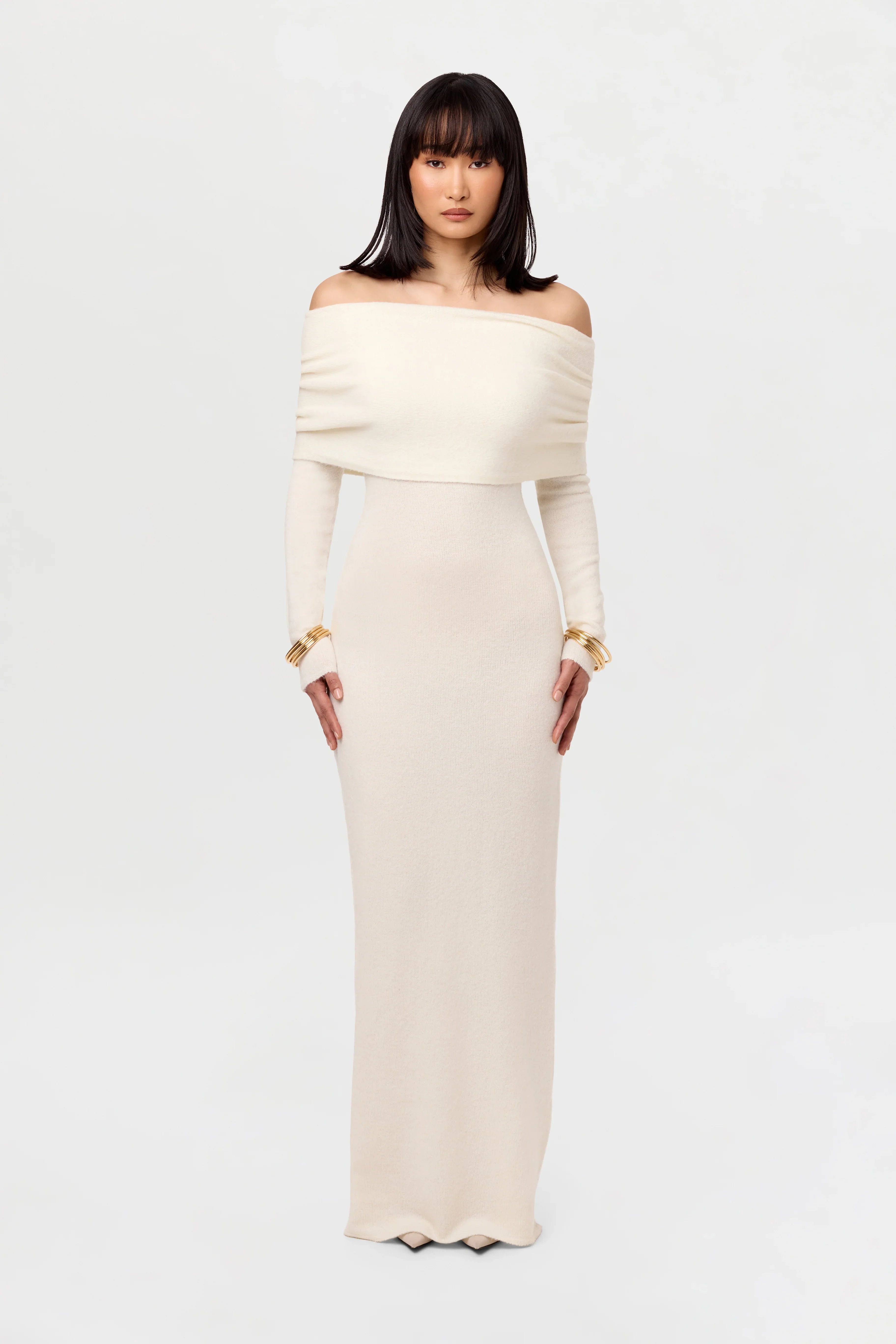 Boucle Knit Off-Shoulder Maxi Dress