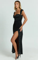 Vance Midi Dress - Ruched Cap Sleeve Bustier Bias Cut Dress in Black