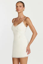 Loya Mini Dress - Scallop Lace Trim Mini Dress in Off White