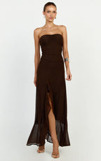 Oceana Maxi Dress - Strapless Sweetheart Neckline Mesh Dress in Chocolate