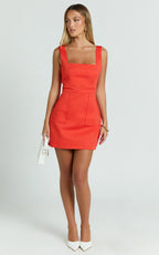 Selina Mini Dress - Square Neck Bodycon Dress in Orange