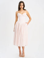 Zania Pink Stripe Ruched Breast Cotton Jacquard Midi Dress