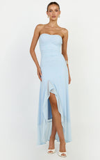 Oceana Maxi Dress - Strapless Sweetheart Neckline Mesh Dress in Blue