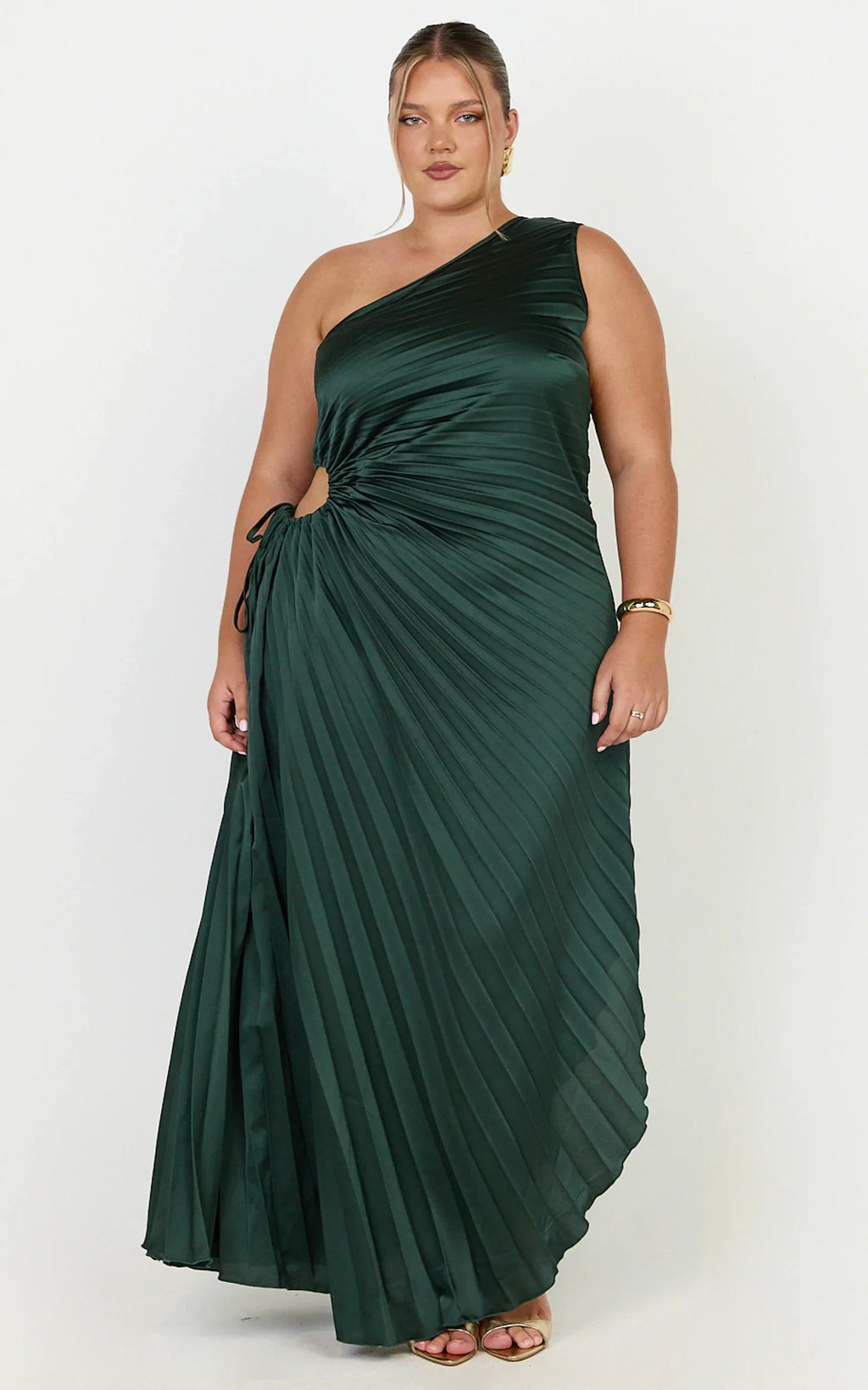 Kitsune Maxi Dress - One Shoulder Cut Out Dress in Emerald Green