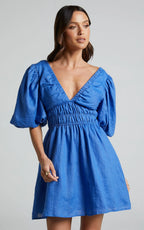 Amalie The Label - Khaila Linen Plunge Puff Sleeve Mini Linen Dress - In Blue