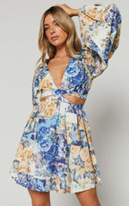 Emily Mini Dress - V Neck Long Sleeve Cut Out Dress in Patchwork Floral