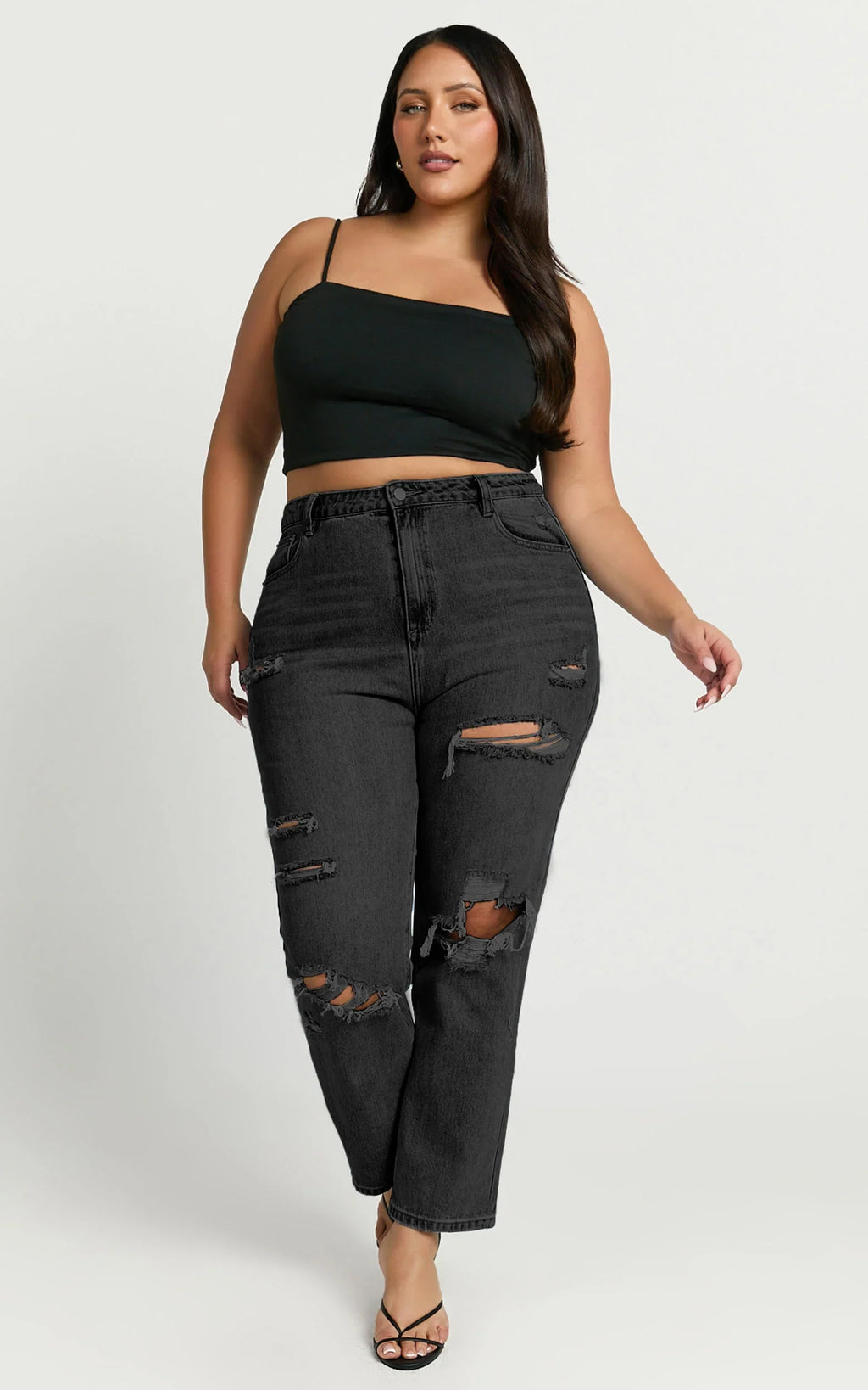 Billie Jeans - High Waisted Cotton Distressed Mom Denim Jeans in Black Wash