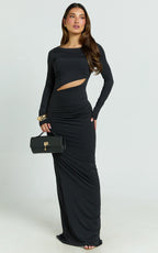 Hannah Maxi Dress - Long Sleeve Cut Out Low Back Bodycon Dress in Black