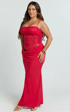Rania Maxi Dress - Contrast Lace Bodice Bias Cowl Drop Waist Dress in Red