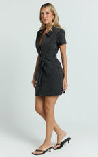 Nandini Mini Dress - Hardware Zip Through Denim Dress in Black Wash