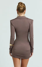 Heath Mini Dress - Concealed Placket Drape Gather Skirt Overlay Dress in Brown