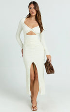 Delaney Midi Dress - Long Sleeve Twist Front Bodycon Dress in Cream