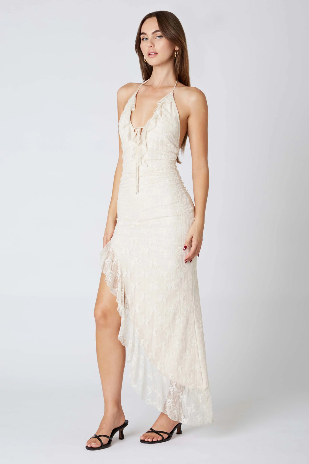 Lace Halter Asymmetrical Midi Dress